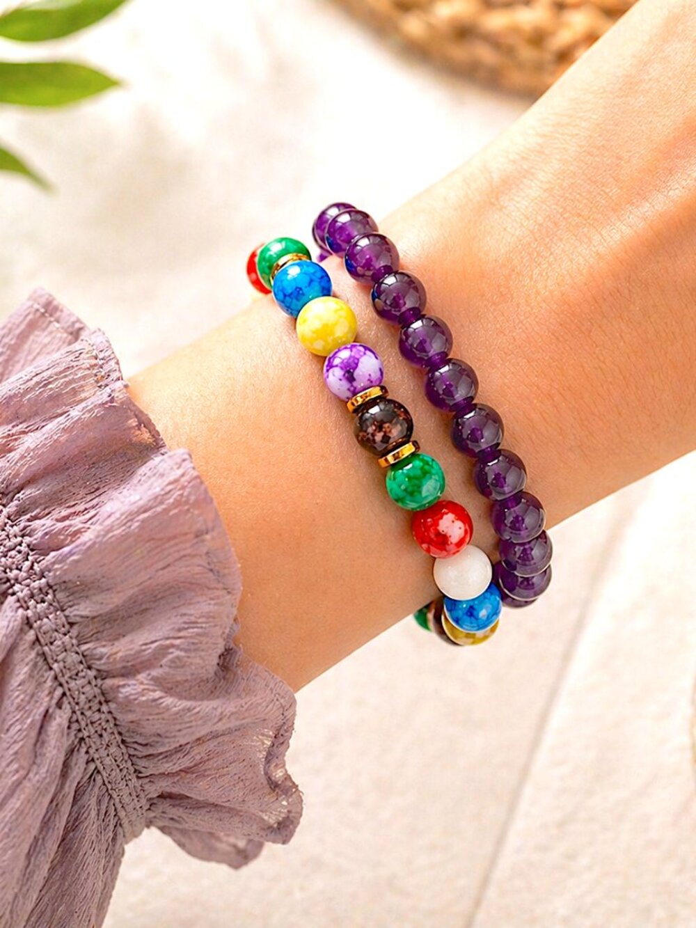 Colorful Glass Beaded Bracelet Set Purple Stretch Stackable Jewelry Boho Gift